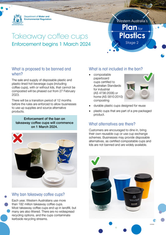 On the 27th February 2023 the transition period to phase-out coffee cups and lids began in WA