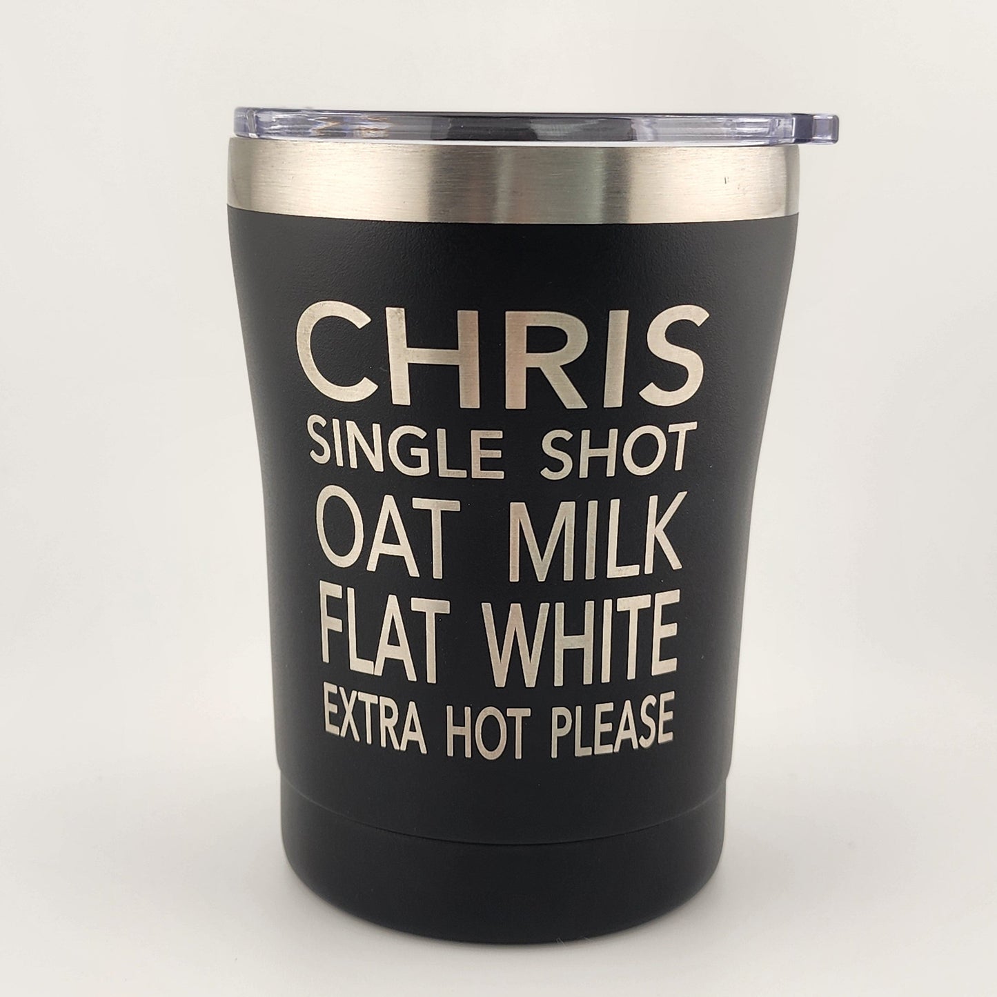 12oz_Black_Stainless_Tumbler_Engraved_Chris_Flat_White