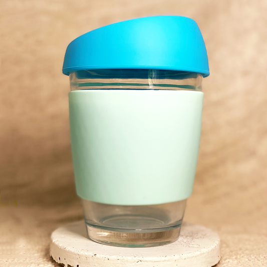 Blue and mint customised glass cup with your name and coffee details