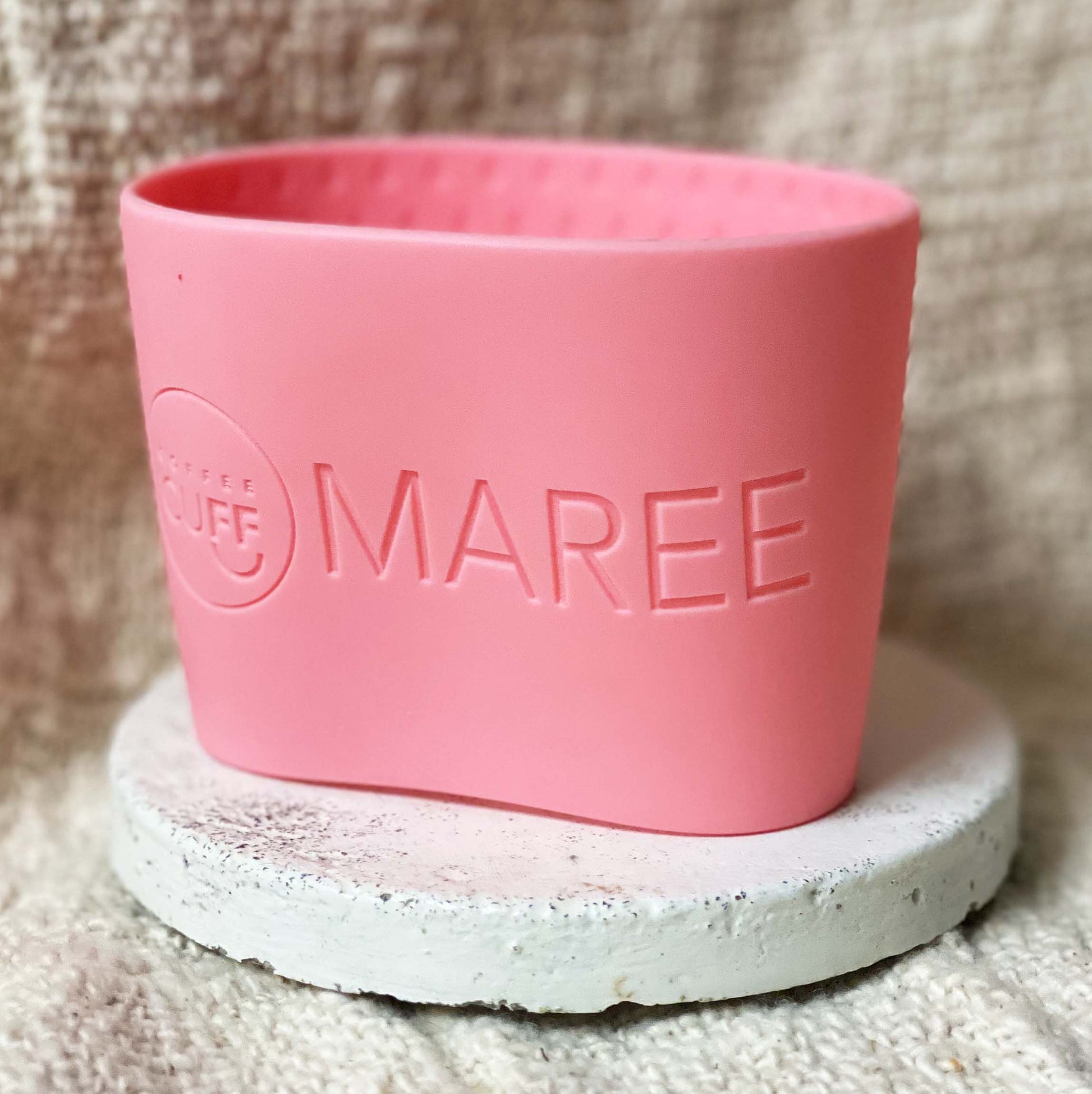 Coffee_Cuff_Large_pink_takeaway_cup_sleeve with name Maree