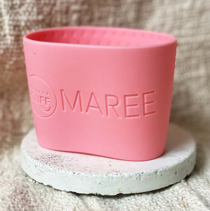 Coffee_Cuff_Large_pink_takeaway_cup_sleeve with name Maree