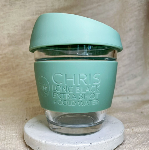 olive green glass keep cup personalised and customised