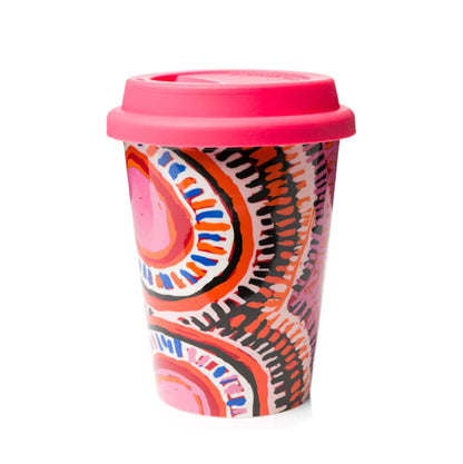 pink artistic keep cup in ceramic by Coffee Cuff with personalised coffee order sleeve