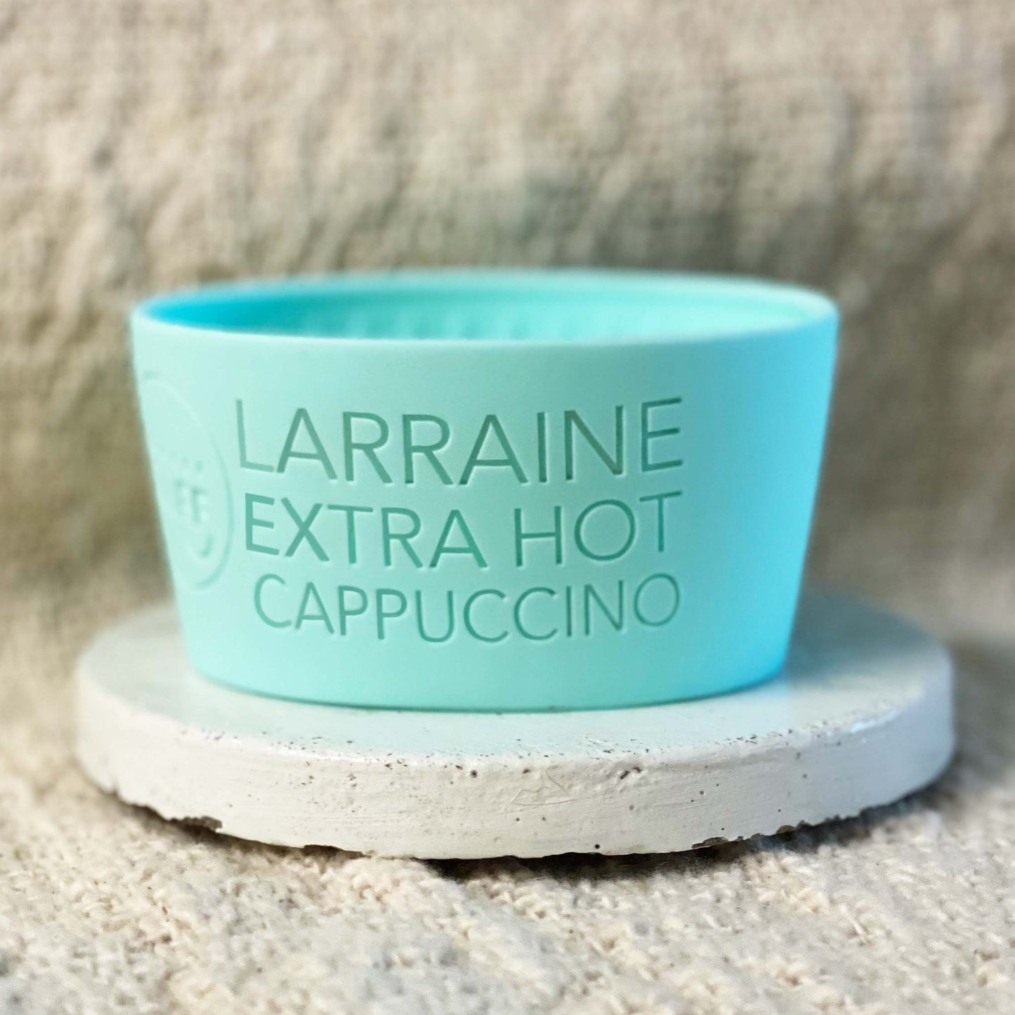 Handmade in Noosa white ceramic cup with lid and personalised cuff