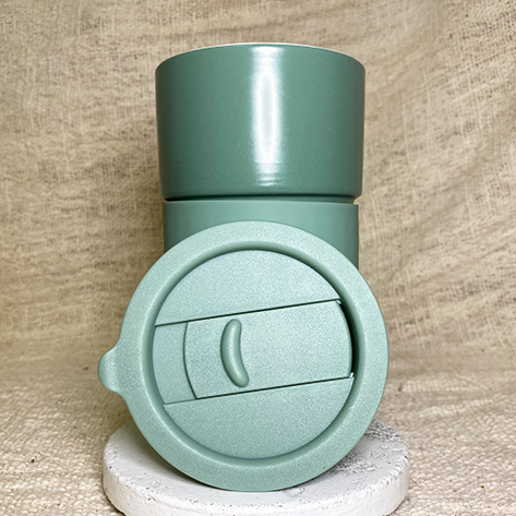 keep cup for travel in olive sage green ceramic with coffee order