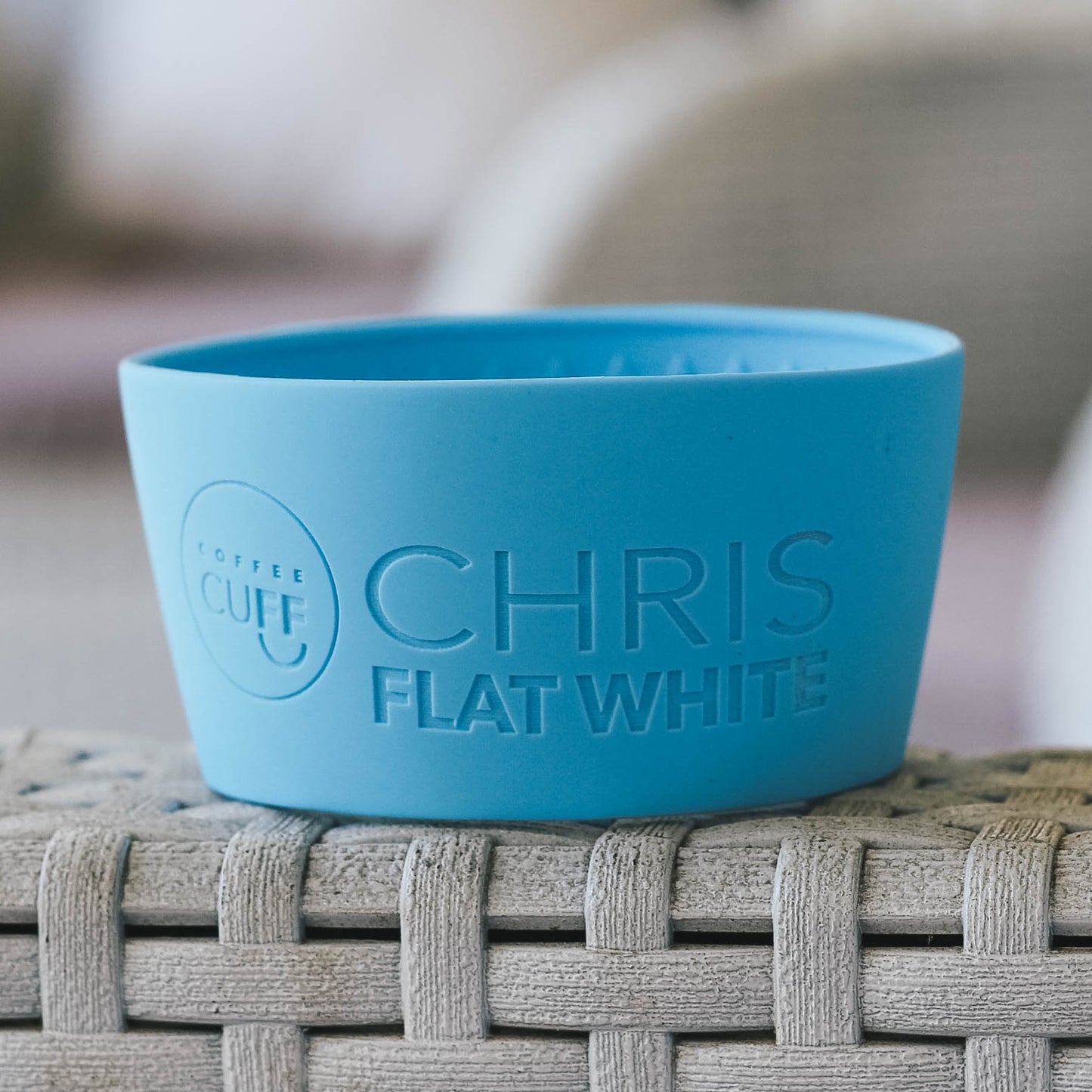 Handmade in Noosa white ceramic cup with lid and personalised cuff