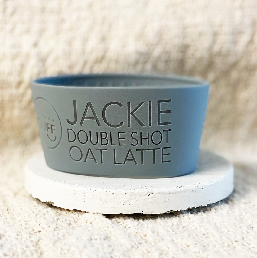 double shot oat latte coffee order on coffee mug sleeve cuff