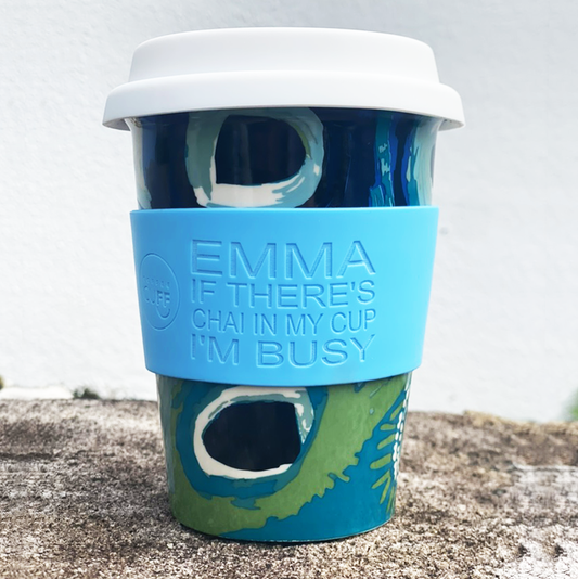 Reusable Porcelain Cup by Aboriginal Artist May Wokka Chapman - Custom Cuff