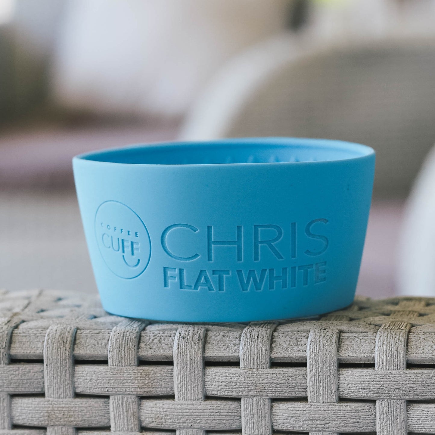 flat white engraved onto keep cup reusable coffee sleeve