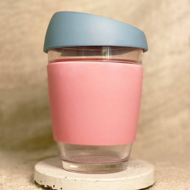 Grey and pink customised glass cup with your name and coffee details