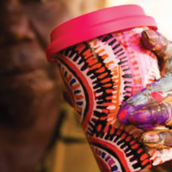 Double walled insulated mugs artwork by Judy Napangardi Watson from Warlukurlangu Artists reusable keep cups for every caffeine taste