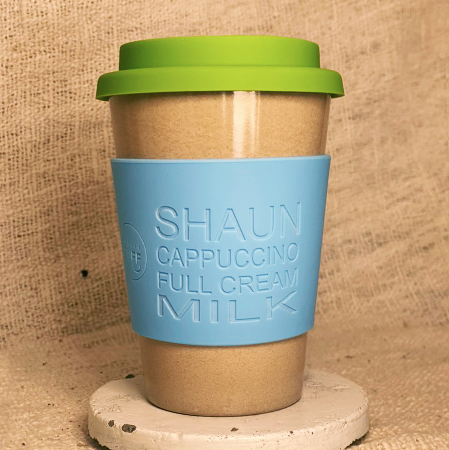 12oz Beige Rice Husk Reusable Cup & Large Blue Cuff