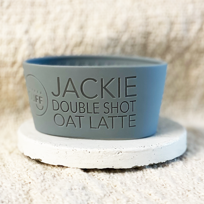 Handmade in Noosa white ceramic cup with lid and personalised cuff