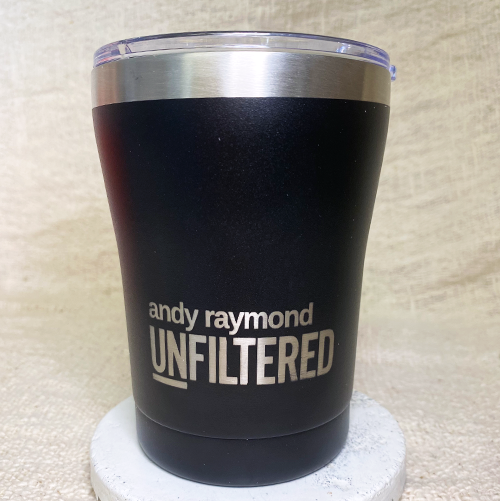 Andy Raymond Unfiltered reusable keep cup with name and coffee order