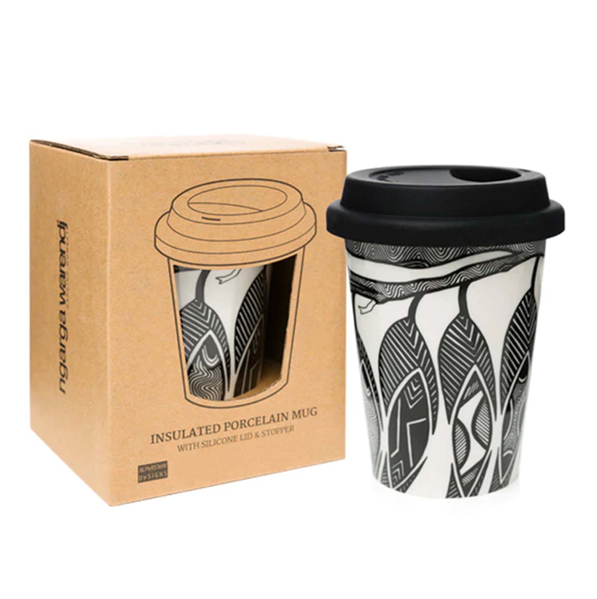 insulated porcelain mug in black and white reusable cup with personalised sleeve with coffee name and order