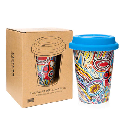 Reusable keep cup featuring artwork by Judy Napangardi Watson from Warlukurlangu Artists. Double walled mugs are a wonderful thing 
