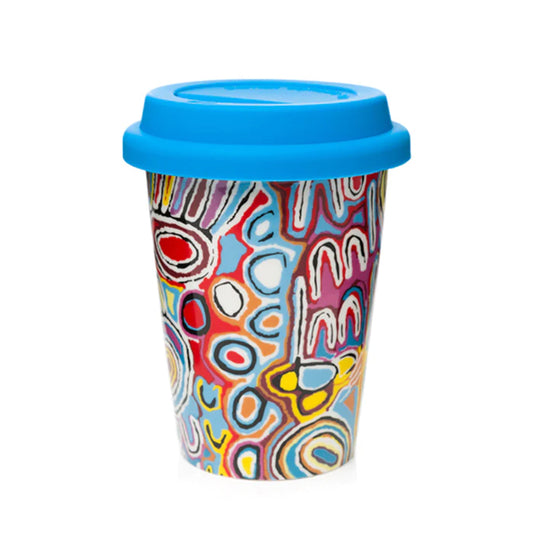 Double walled insulated mugs featuring artwork by Judy Napangardi Watson from Warlukurlangu Artists. Double walled mugs are a wonderful thing! It's like a mug inside a mug so you can grab on as the outside of the mug won't get as hot as a normal style mug