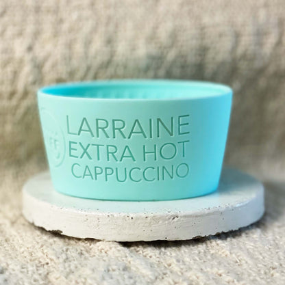 mint green coffee cup sleeve with extra hot coffee order of cappuccino with unique spelled name