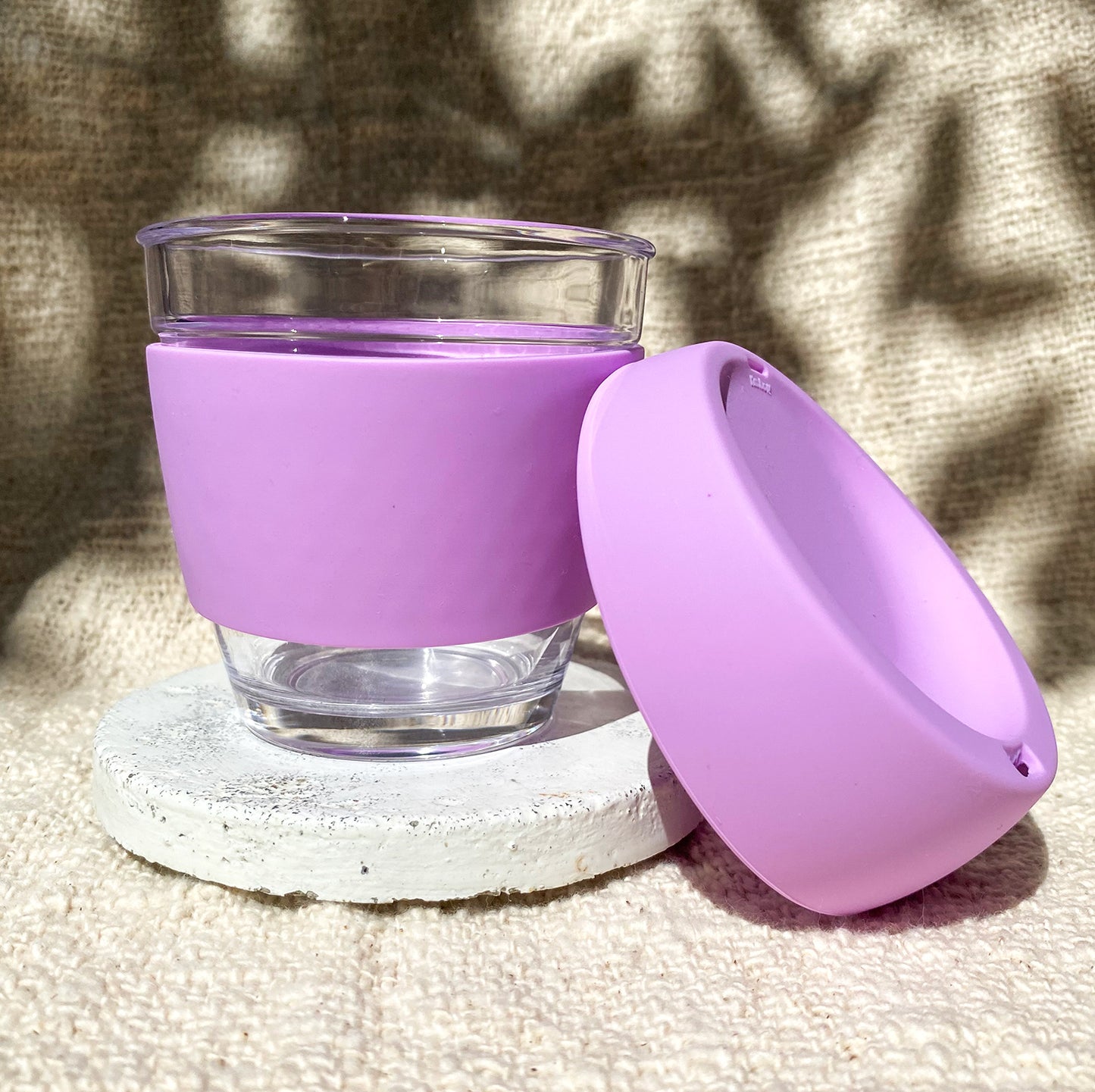 Reusable small purple glass with monogrammed name and coffee order