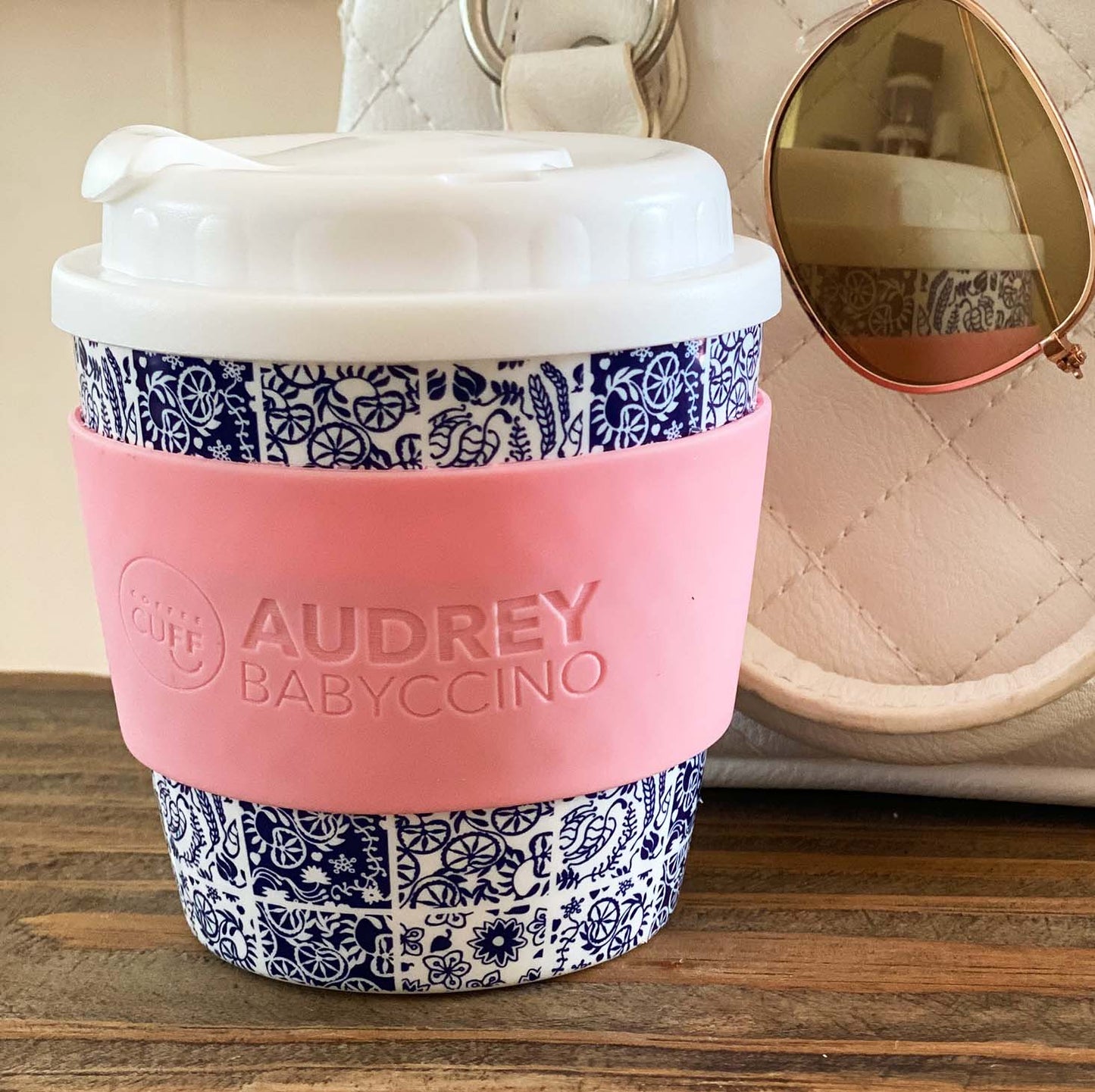 Reusable mosaic 8 ounce coffee cup and personalised coffee sleeve