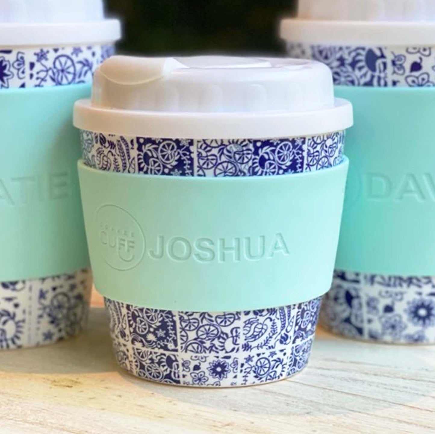 Reusable mosaic 8 ounce coffee cup and personalised coffee sleeve