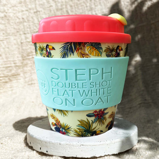 Reusable toucan coffee cup and personalised cuff