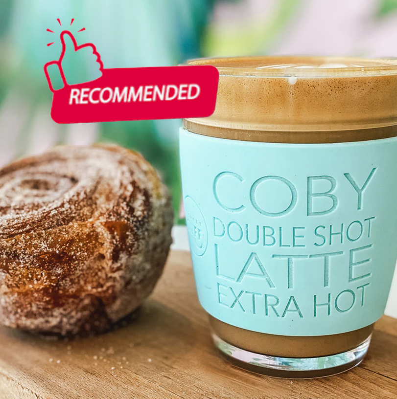 personalised reusable keep cup with name and double shot latte extra hot order