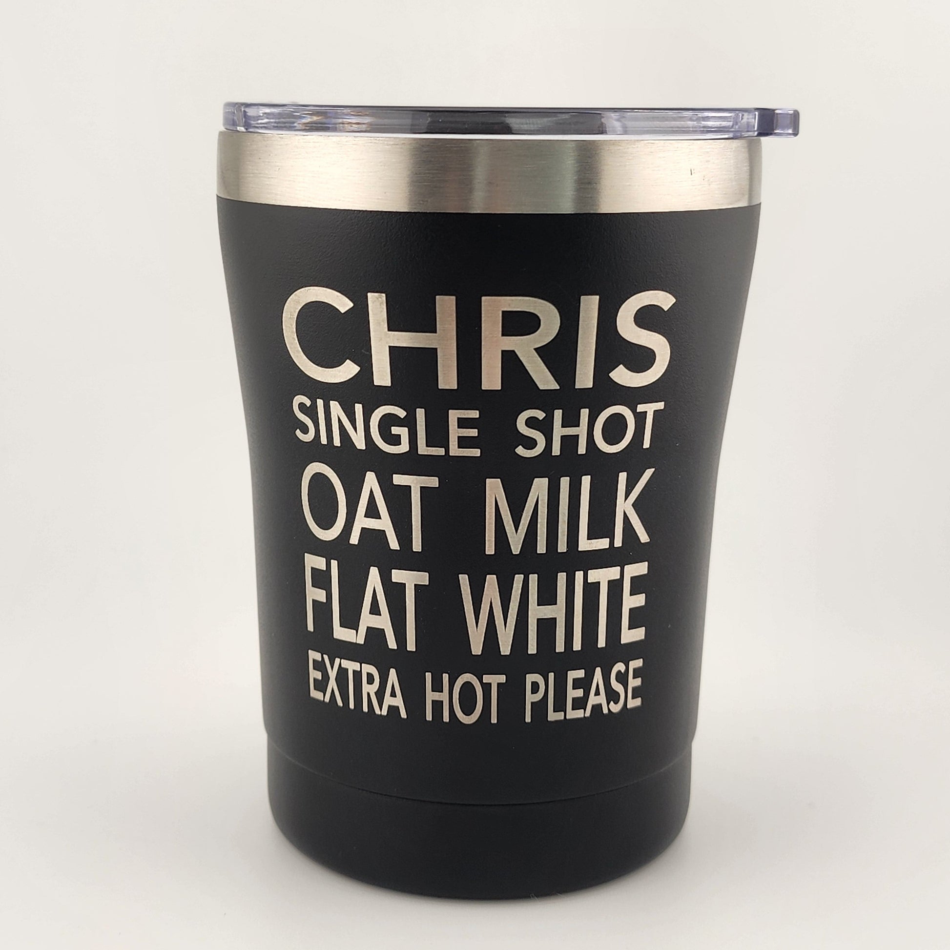 12oz_Black_Stainless_Tumbler_Engraved_Chris_Flat_White