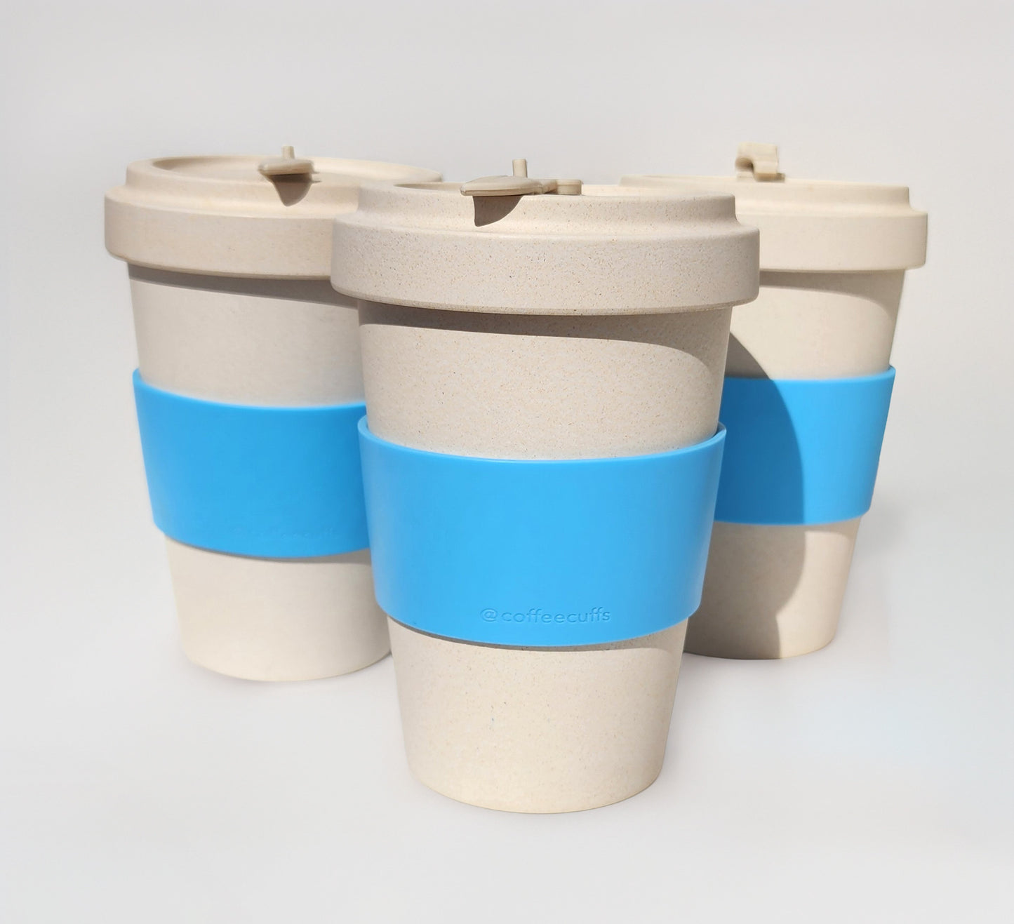 Reusable Bamboo Sand Coloured Extra Large Cup with Blue Personalised Cuff