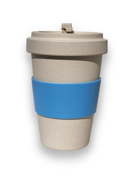 Reusable Bamboo Sand Coloured Extra Large Cup with Blue Personalised Cuff