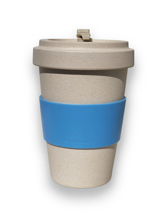 Reusable Bamboo Sand Coloured Extra Large Cup with Blue Personalised Cuff