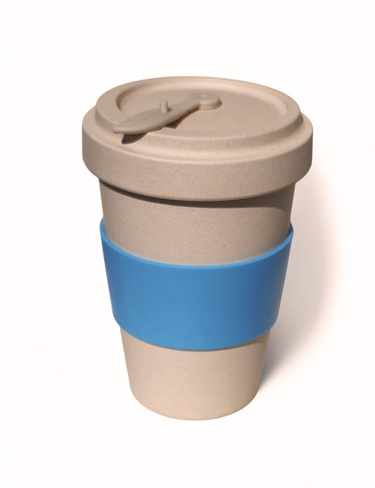 Reusable Bamboo Sand Coloured Extra Large Cup with Blue Personalised Cuff
