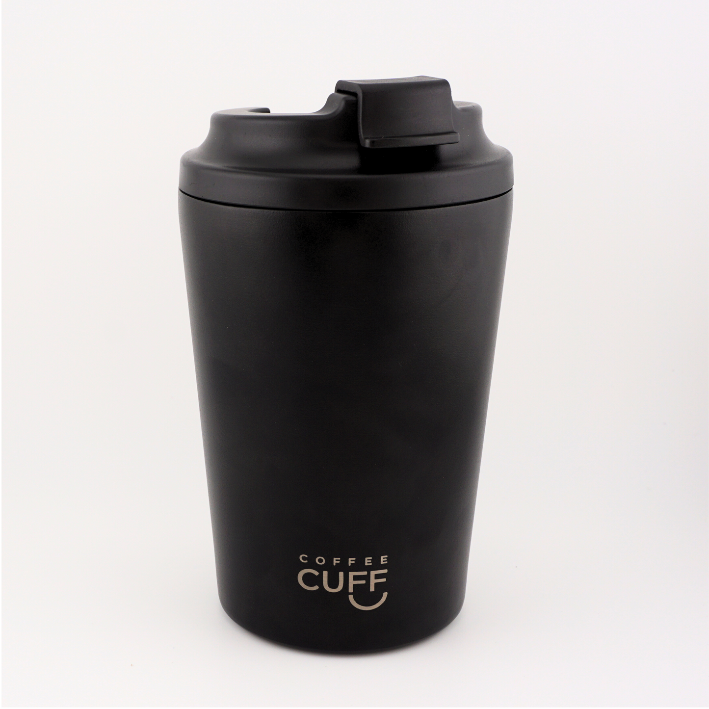 Black coffee tumbler with 'Coffee Cuff' branding on a white background
