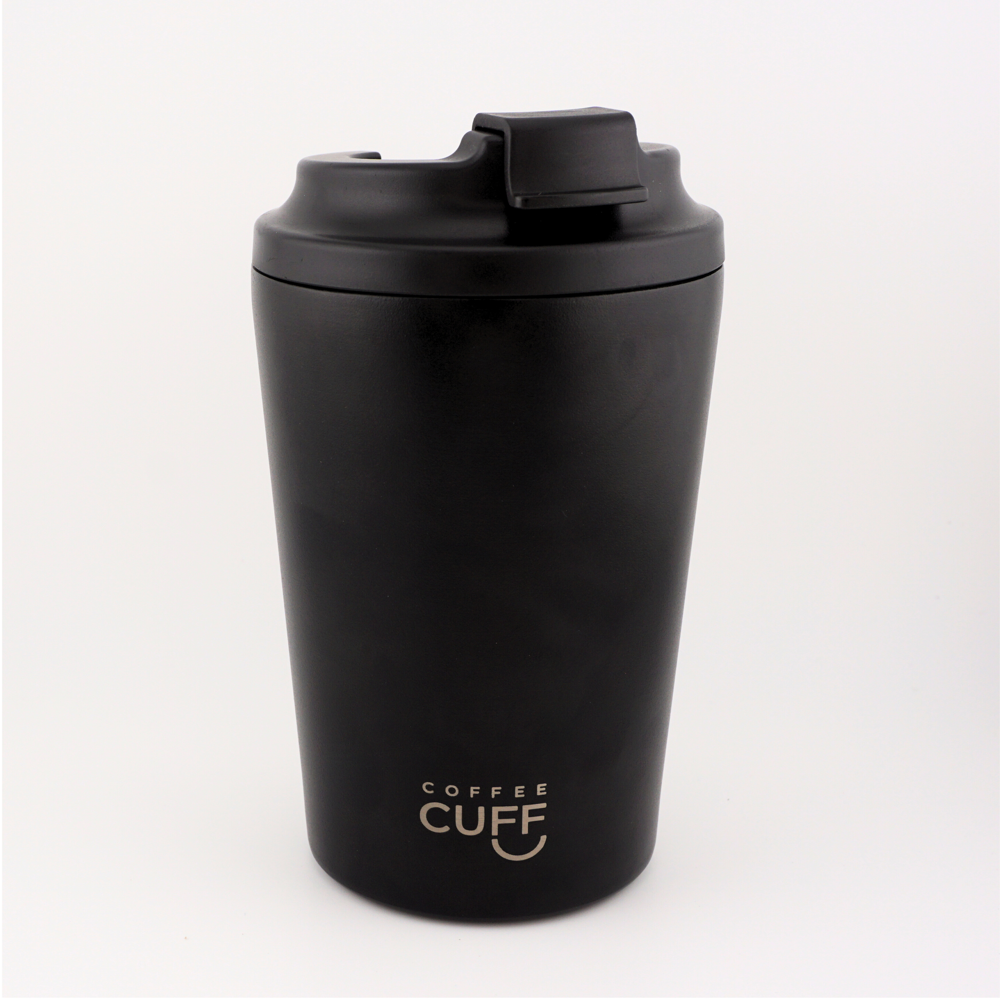 Black coffee tumbler with 'Coffee Cuff' branding on a white background