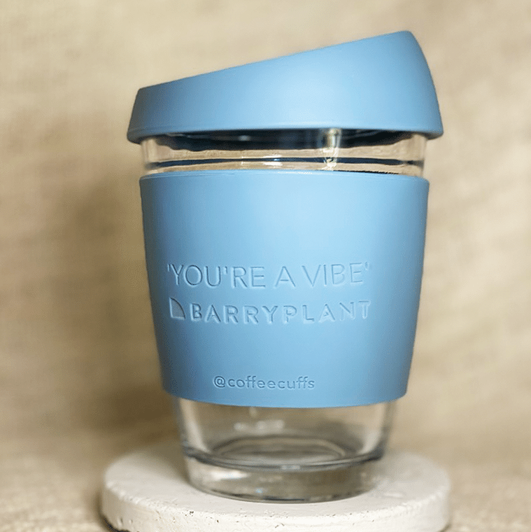Personalised glass keep cup for business or pleasure in blue stone with name and coffee order