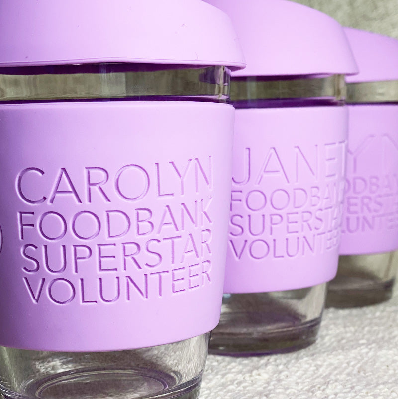 Foodbank Victoria volunteer reusable keep cups with name and coffee order