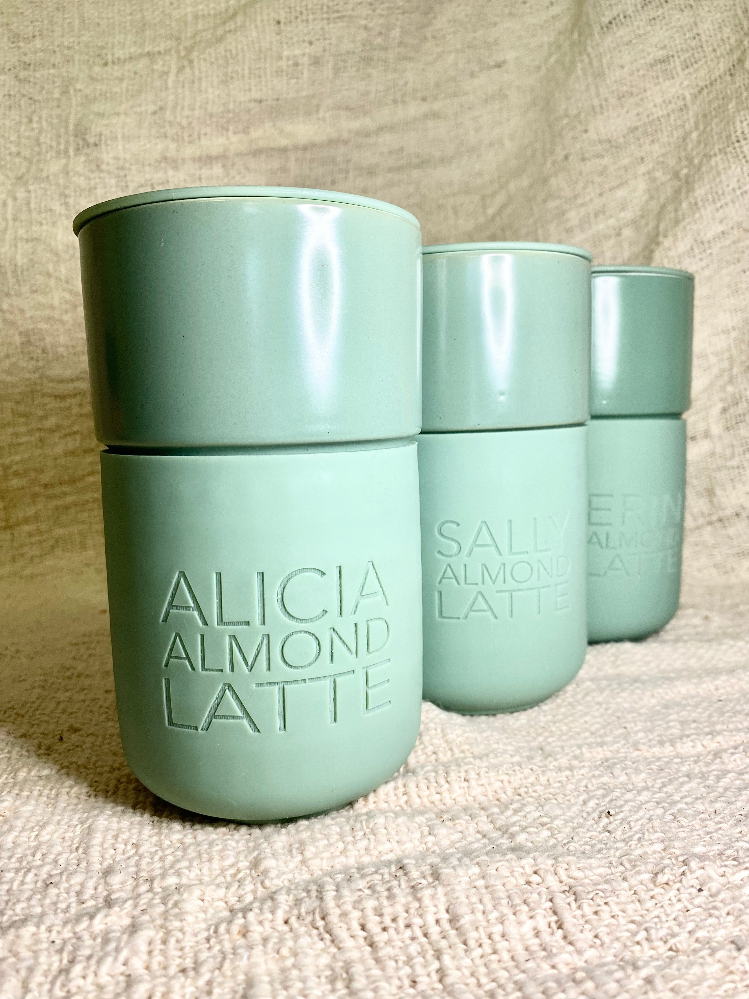 olive green travel mug with name and coffee order for Christmas
