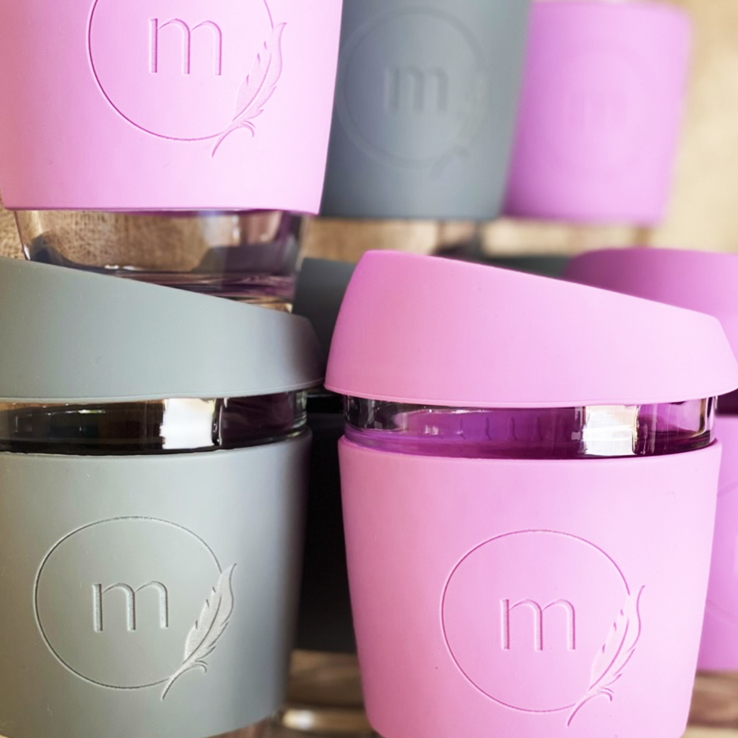 Personalised keep cup with name for maath on pink and grey glass