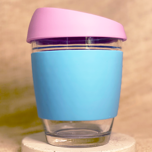 Pink and blue customised glass cup with your name and coffee details