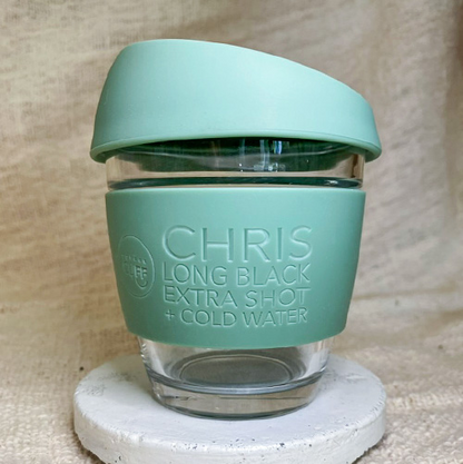 olive green glass keep cup personalised and customised