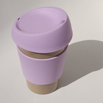 Rice_Husk_reusable_beige_coffee_cup_with_large_lavender_cuff_colour_top_angle