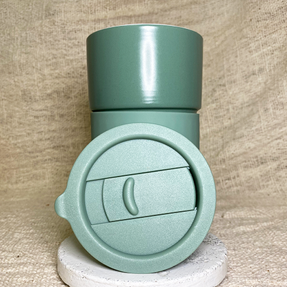 keep cup for travel in olive sage green ceramic with coffee order
