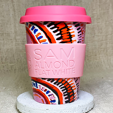 aboriginal art on pink keep cup stunning unique gift for her with personalised coffee sleeve with name and coffee order