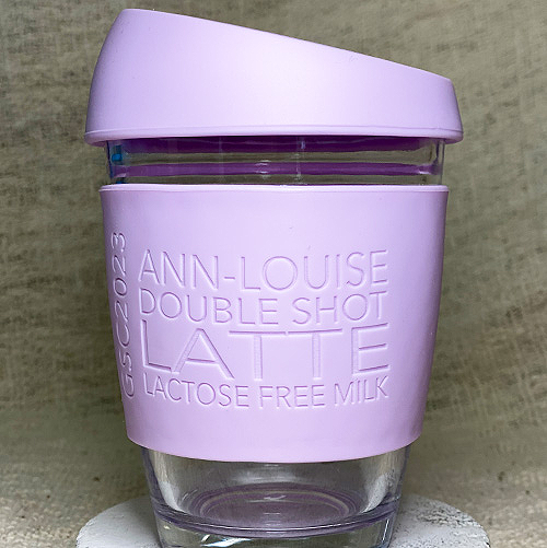 Reusable glass and personalised lavender cuff with coffee order