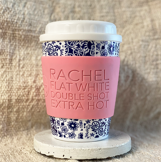 blue and white mosaic cheap keep cup with personalised name and coffee order