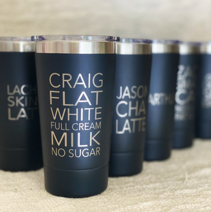 gifts for men with name and coffee order on black keep cups