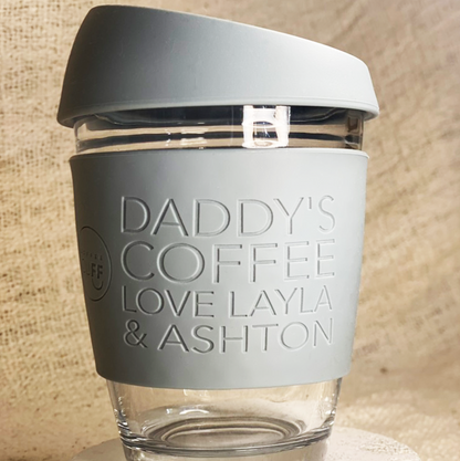 Grey personalised reusable glass and customised cuff