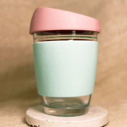 Dusty pink and mint customised glass cup with your name and coffee details