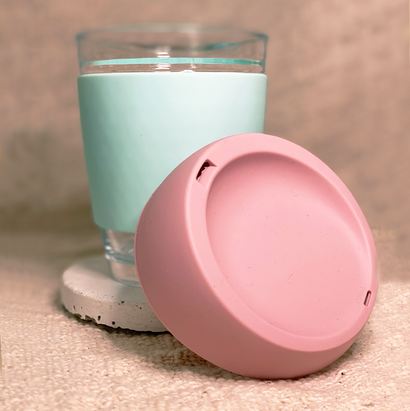 Dusty pink and mint customised glass cup with your name and coffee details