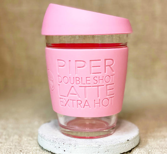 Glass Reusable keep cup with pink personalised sleeve/name and coffee order